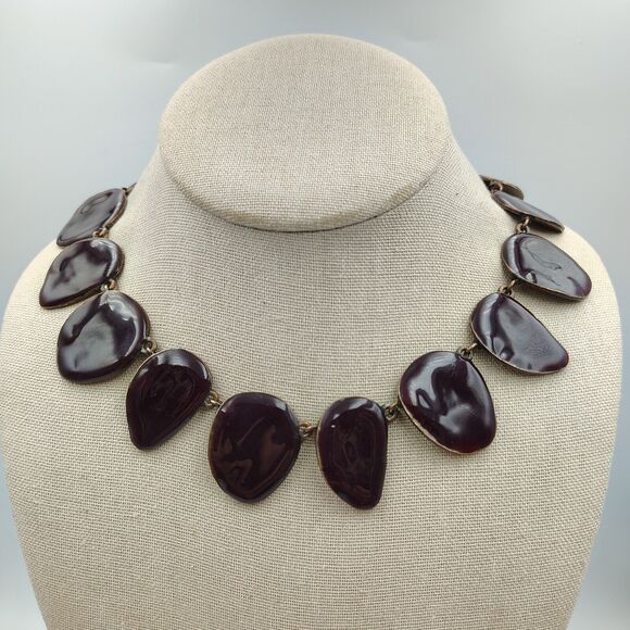 Cecile Jeanne Paris Burgundy Plum Color Enamel Panel Statement Necklace Rare - Picture 6 of 15